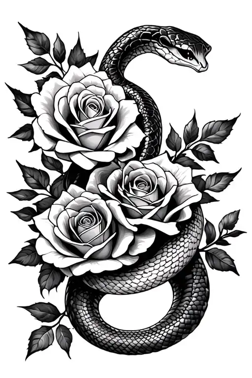 Snake Intertwined And Roses
