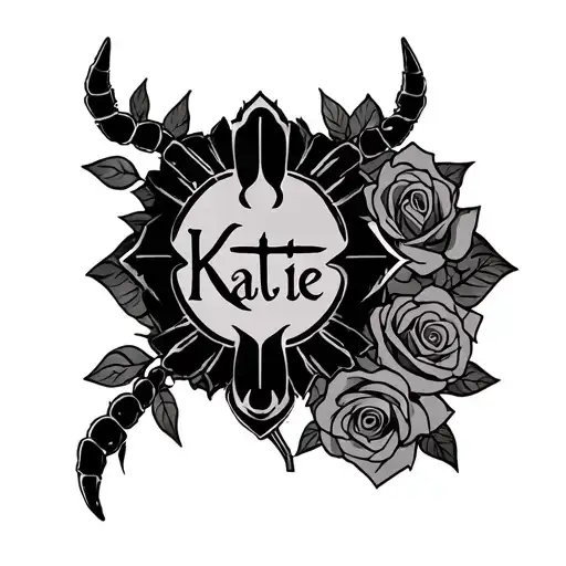Cross With Name Katie On It And Scorpion And Roses In Background