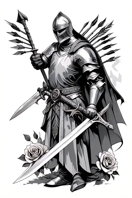 Knight After Battle With Arrows In Back Holding Sword And A Rose