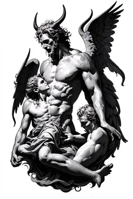 Man Being Free'd From Devil By Two Angels