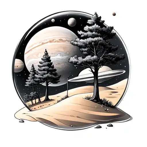 Childhood End In A Sand Glass Trees Round The Sand Glass And Space With Planets Behind The Trees