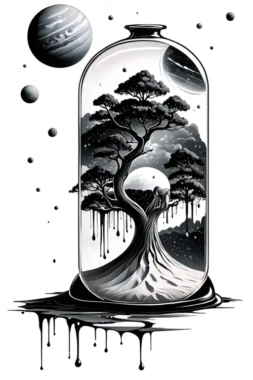 Human Dripping In A Sand Glass Trees Round The Sand Glass And Space With Planets Behind The Trees