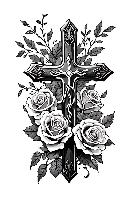 Cross And Roses Around Forearm Half Sleeve
