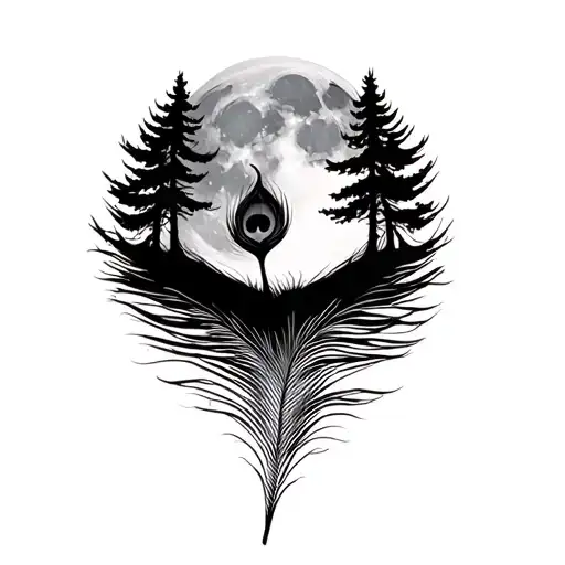 Peacock Feather With Trees And A Full Moon