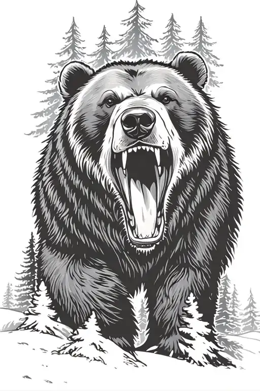 Bear Roaring Infront Of A Background Of Trees