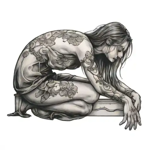 Sad Girl Kneeling In Front Broken Mirror