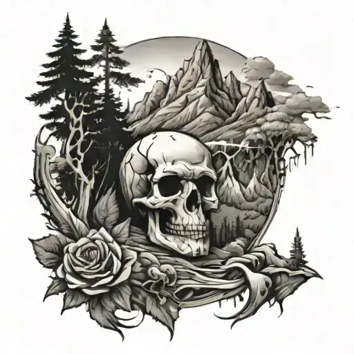 Mountains And Forest With Pathway With Background Trident And Skull