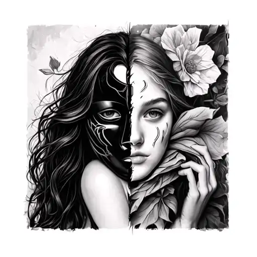 Girl Holding Mask Split In Half