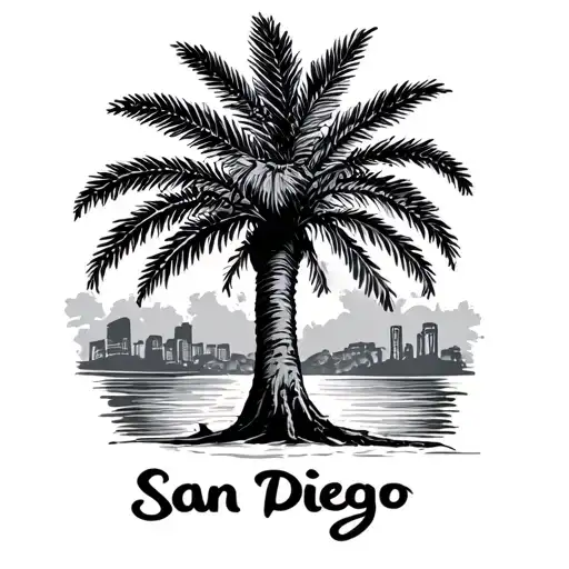 Plam Tree With San Diego Written In Cursive Underneath