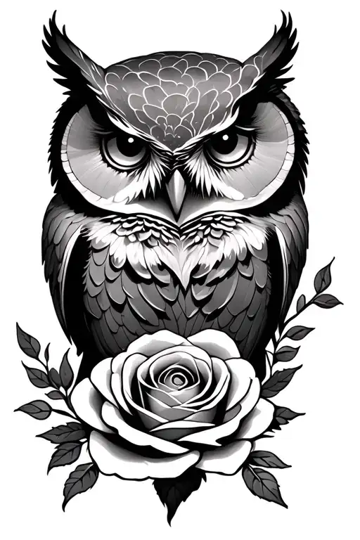 Owl With A Eye Underneath And Rose Intertwined