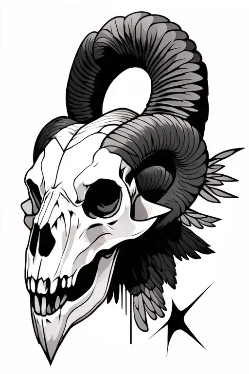 Ram Skull With Falcon Bird And Abstract Geometric Details