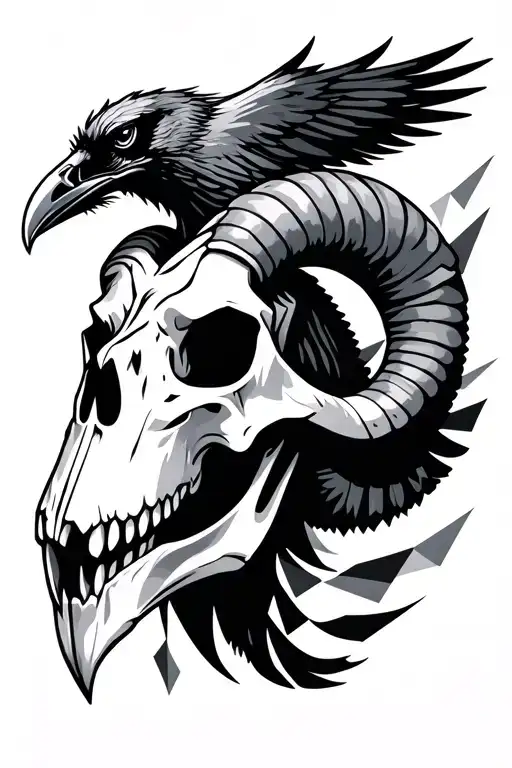 Ram Skull With Raven Bird And Abstract Geometric Details