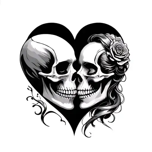Male And Female Skull Kissing Inside A Heart Shape