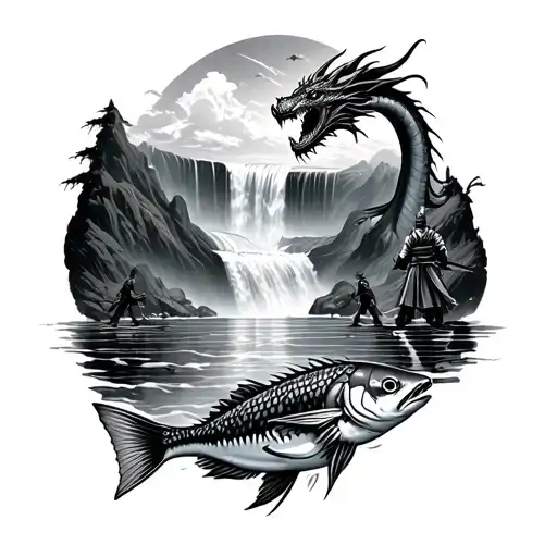 Fish Swimming Up A Waterfall While A Dragon Peaks Over The Waterfall And A Samurai Watches