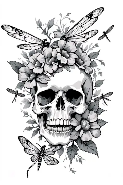 Skull With Flowers And Dragonflys