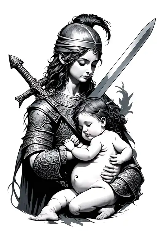 Warrior With A Sword Giving The Baby's Breast