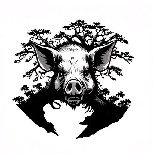 Dead Pig Head Surrounded By Two Tree Silhouettes Forming In The Shape Of A Gun