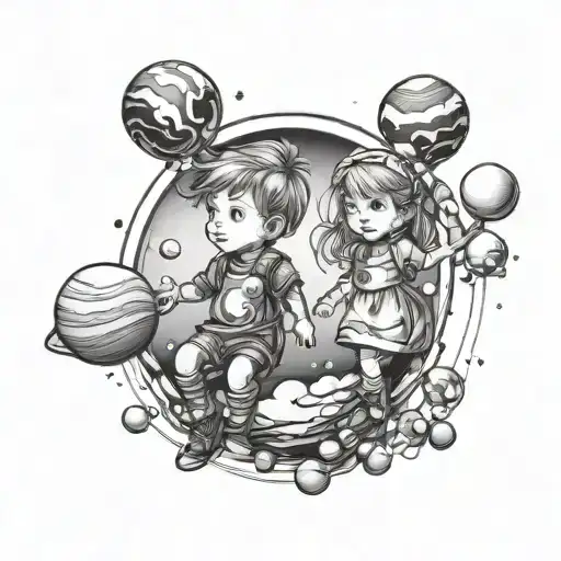 Two Children Holding Balloons In The Shape Of Planets