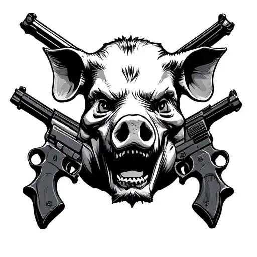 Brutalised Dead Pig Head Surrounded By Guns