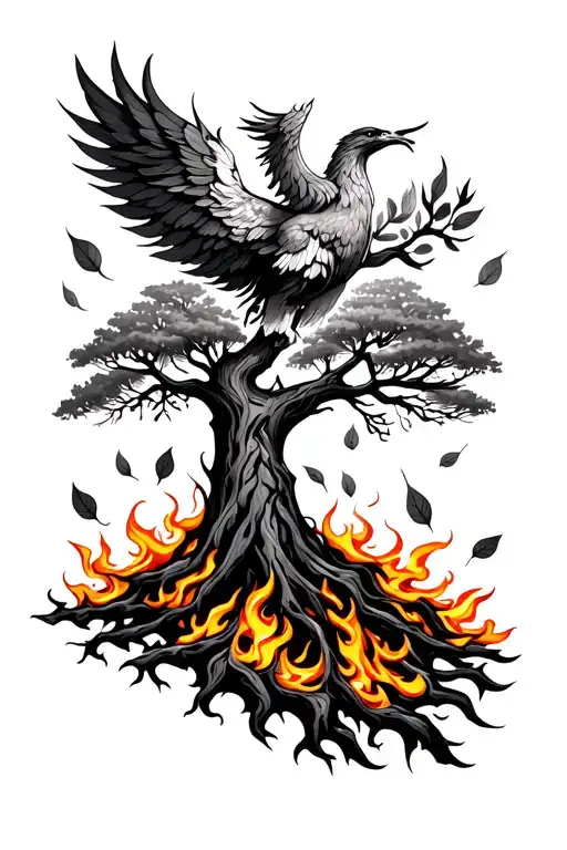 Tree Of Life On Fire With Burning Leaves Floating Away And A Phoenix Rising From The Flames