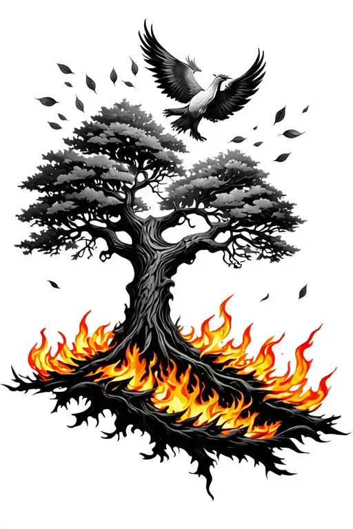 Tree Of Life On Fire With Burning Leaves Floating Away And A Phoenix Rising From The Flames