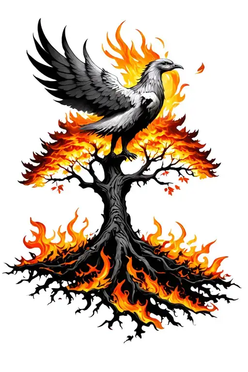 Tree Of Life On Fire With Burning Leaves Floating Away And A Phoenix Rising From The Flames