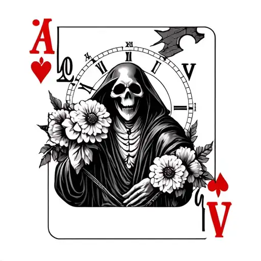 Playing Card With Grim Reaper Holding Flowers With Broken Clock In The Background