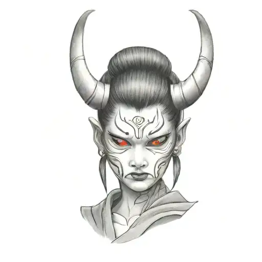 A Japanese Girl Wearing Oni Mask With A Touch Of Blood