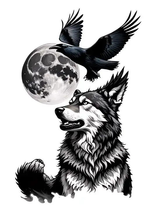 A Wolf Howling At The Moon With A Raven Flying Overhead