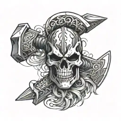 Skull Hammer Thor Runes With Drawings On Hand