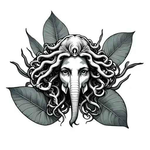 Medusa Head Surrounded By Elephant Ear Plant