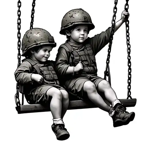 Two Children With Military Helmet On A Swing