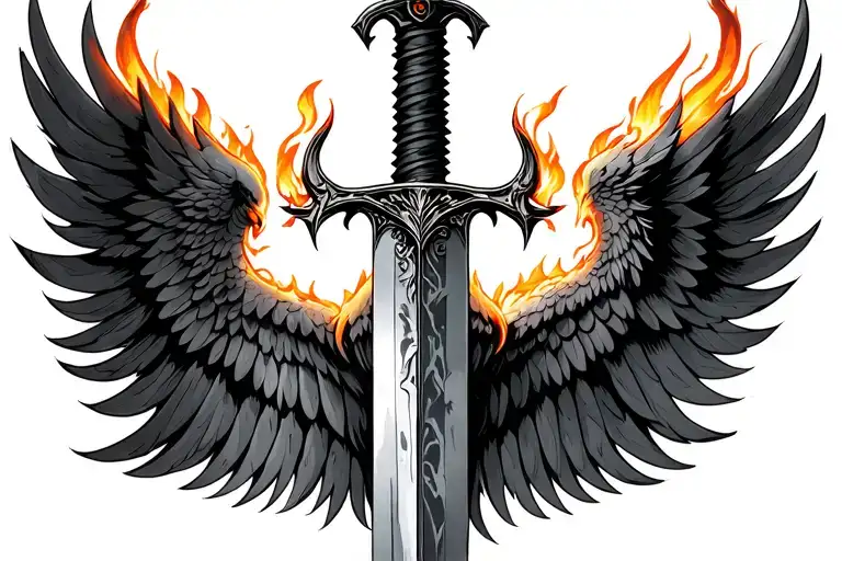 Flaming Sword With Phoenix Wings Spread Wide