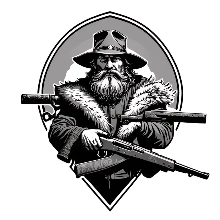 Mountain Man Holding An Old Rifle Wearing Furs