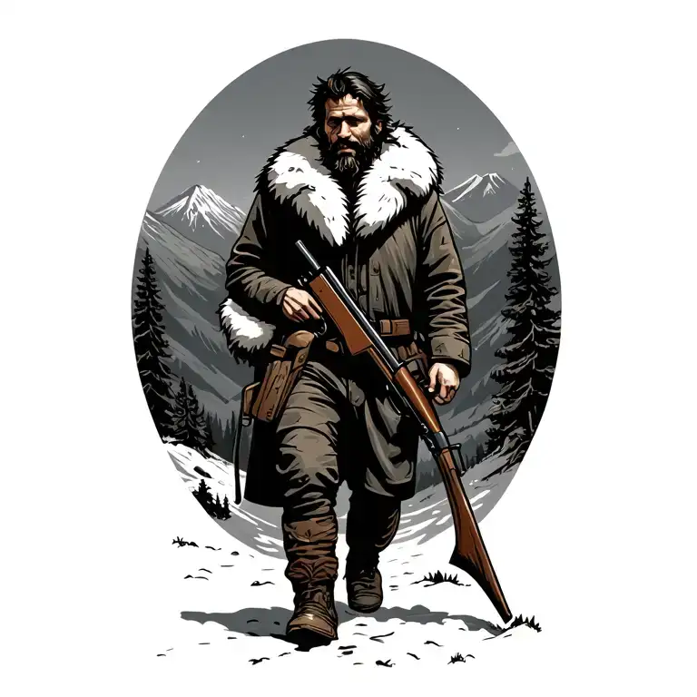 Man Walking Out Of The Mountains Holding An Old Rifle Wearing Furs No Facial Features