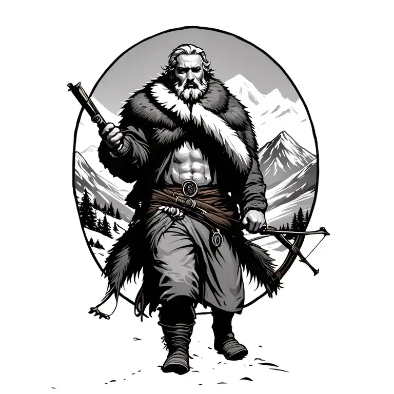 Man Walking Out Of The Mountains Holding A Bow Wearing Furs No Facial Features