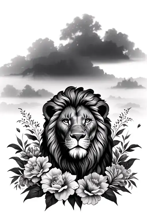 Lion And Flowers Surrounding