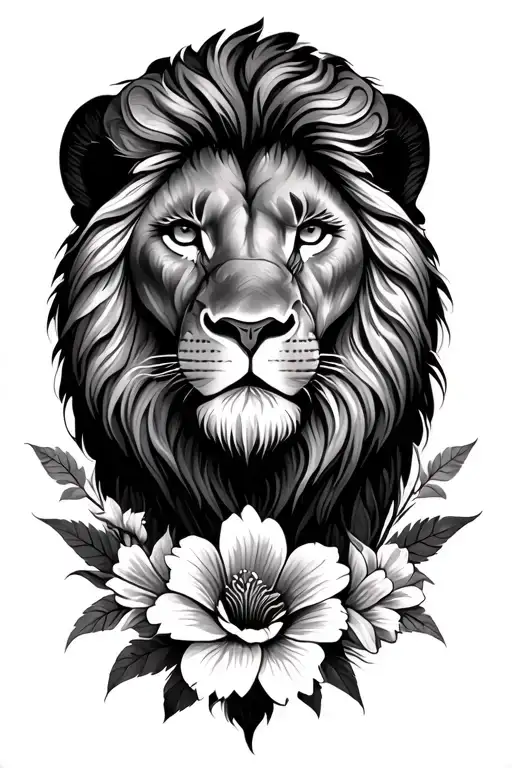 Lion And Flowers Surrounding