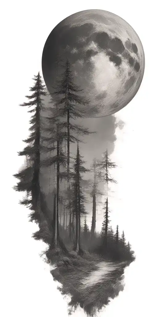 Massive Forest Landscape With Huge Moon In The Background