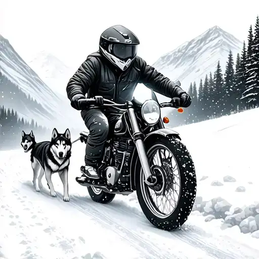 A Snowy Mountain Pass With A Motorcycle Being Pulled By Two Huskies