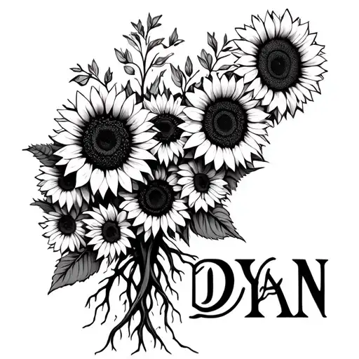 The Name Dayan With Sunflowers Roots And The Flowers Going Out Of It In Between