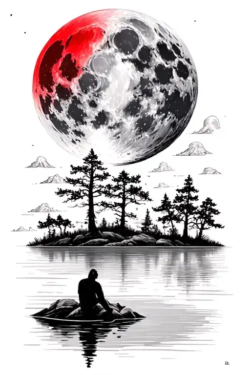 Man Looking At The Red Moon On A Lake