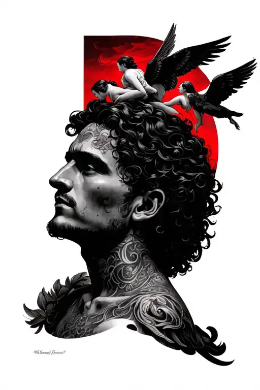 Normal Man With Angels Watching Over Him While He's Looking To The Red Sky