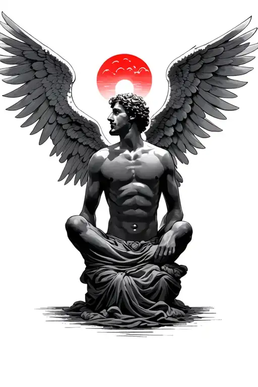 Angels Watching Over A Man Sitting Down Looking Up At The Red Sky