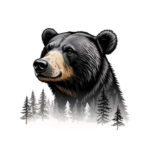 Bear Profile Into Forest And Mountains