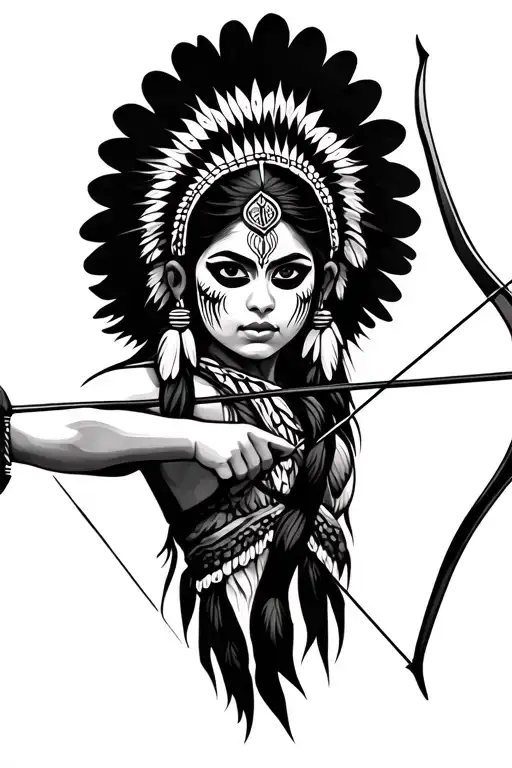 Indian Girl Wearing A Head Dress With War Paint On Her Face Firing A Bow And Arrow