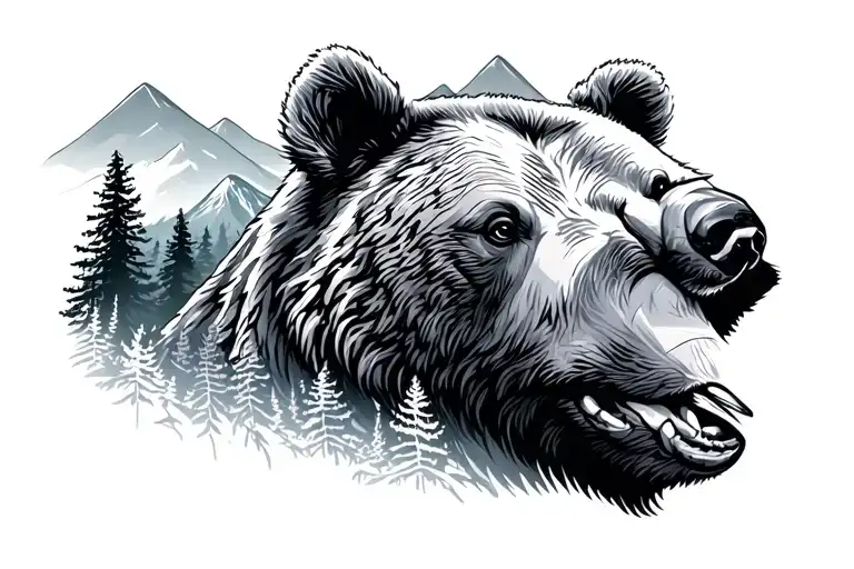 Bear Profile Transitioning To Forest And Mountains