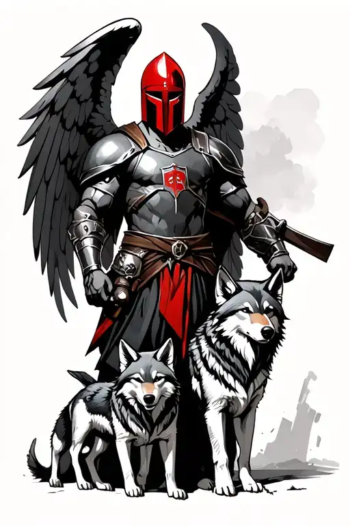 A Spartan With Red Helmet And An Angel Standing Behind Him On The Left With 2 Wolf Pups Next To Her
