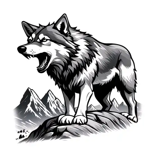 Growling Wolf And Mountains