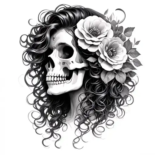 Female Skull With Curly Hair With Flowers Intertwined